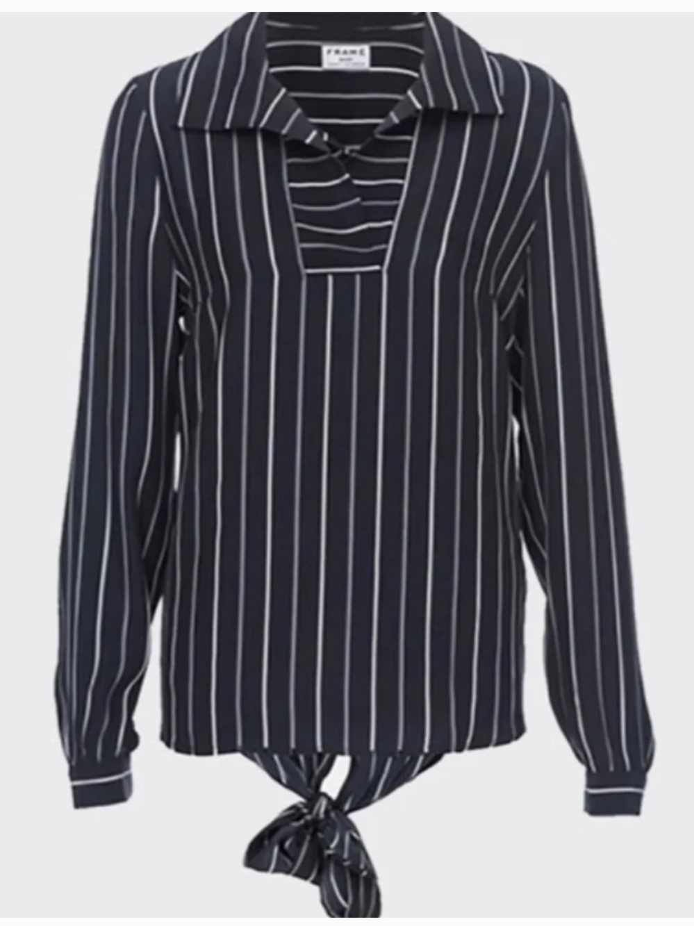 Frame Women's Silk Back Tie Bow Blouse Navy White Pristine Striped